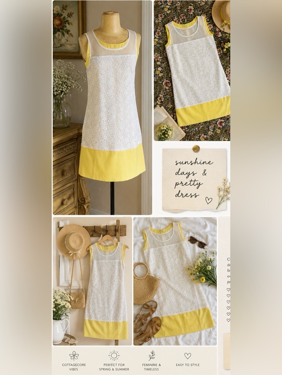 Dresses & Skirts - Yellow & White Floral Lace Sheath S Dress Retro Sleeveless Summer Cottage core
